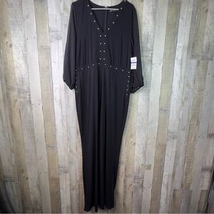 INC International Concepts XL Black V-Neck Chiffon Sheer Silver Studded Jumpsuit